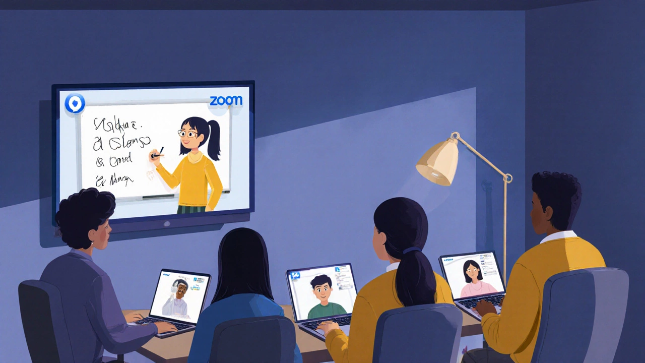 Students on low-end devices in a Zoom class with breakout rooms and whiteboard.