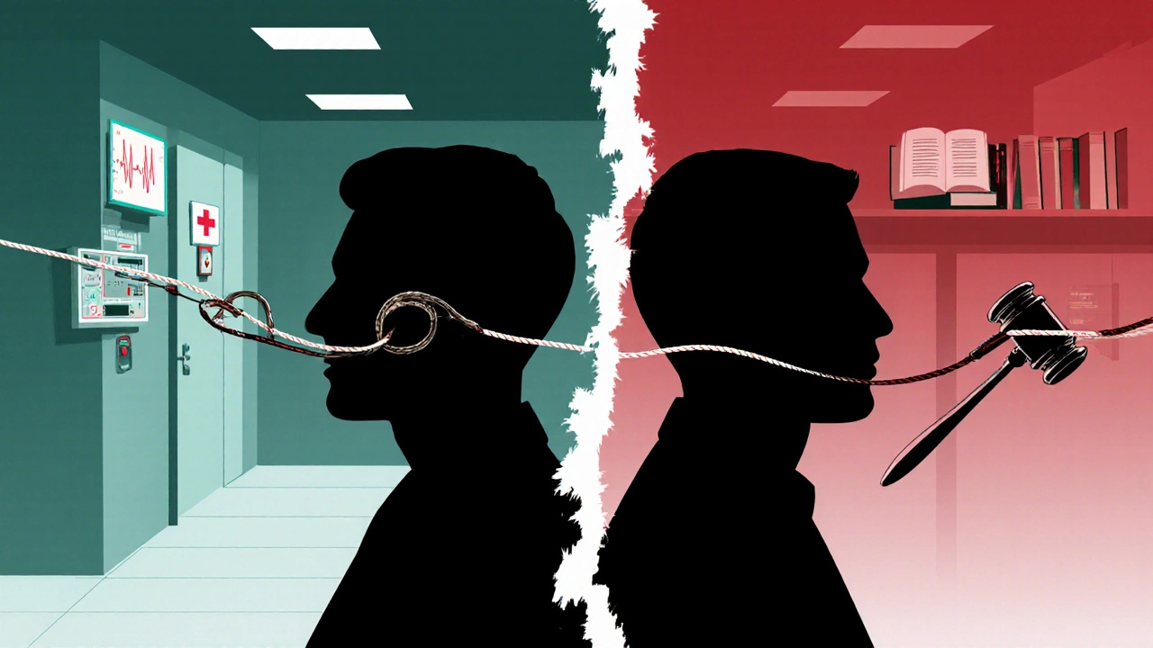Two silhouettes back-to-back representing nursing and law, connected by a fraying thread of stethoscopes and gavels.