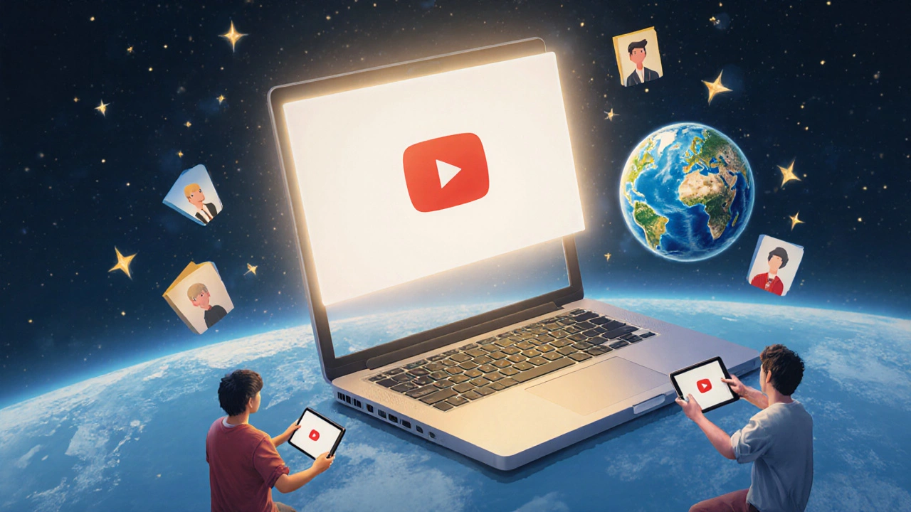 YouTube Live stream floating above devices, symbolizing global access to lessons.