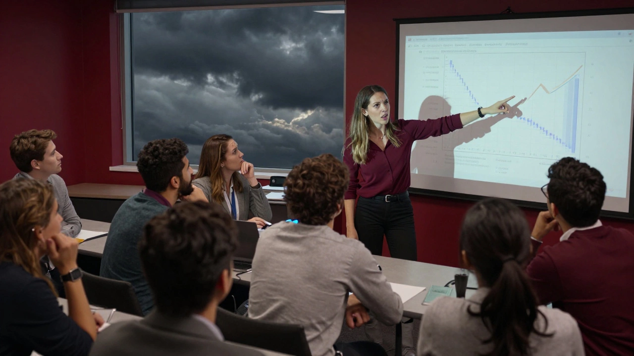 A diverse group of students in a Harvard classroom, one woman passionately challenging a data-driven decision.