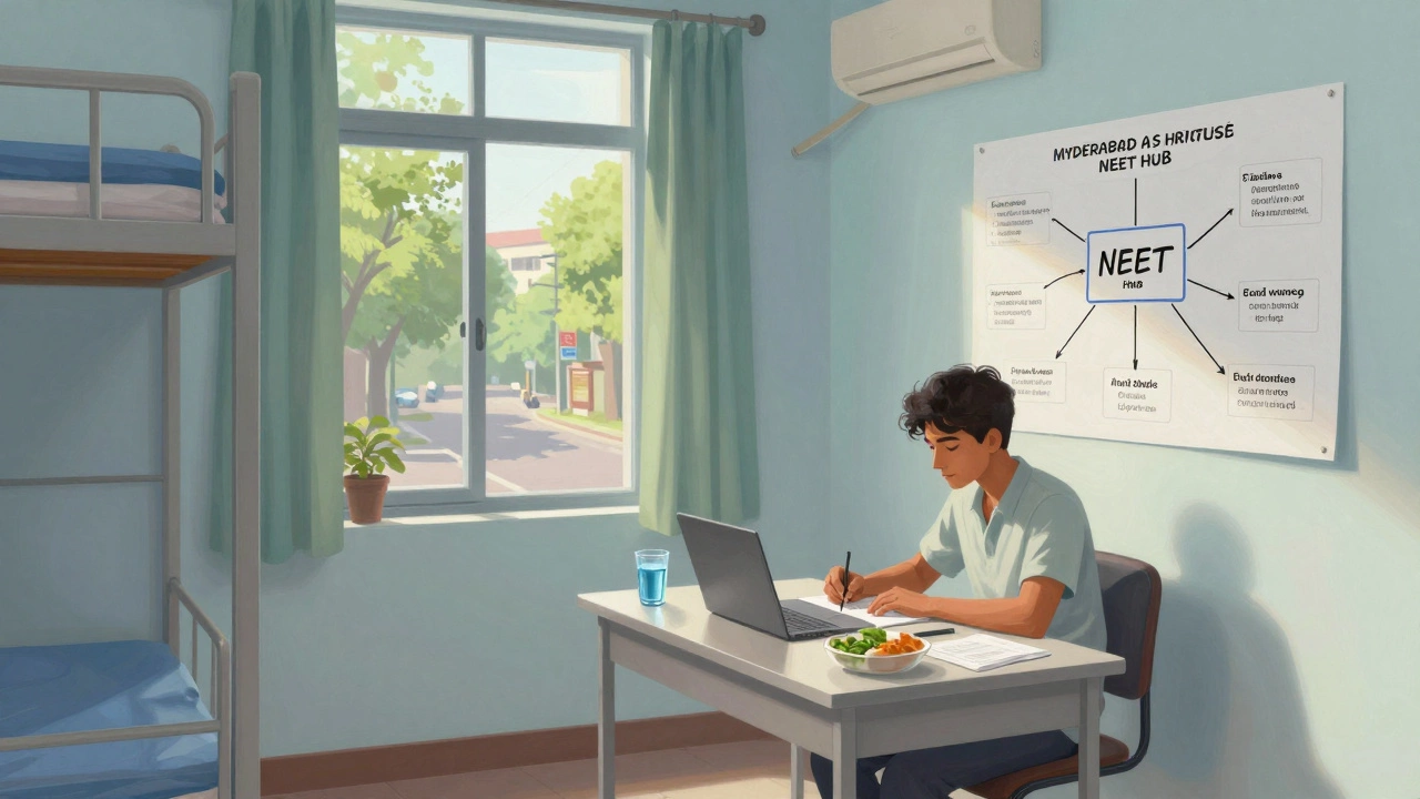 A peaceful Hyderabad hostel room with healthy food, clean desk, and natural light, symbolizing sustainable NEET preparation.