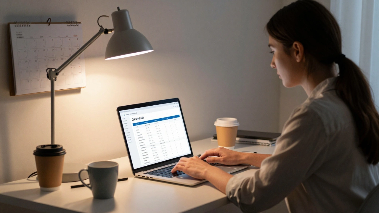 A professional working late on CPA exam prep with marked deadlines and coffee cups.