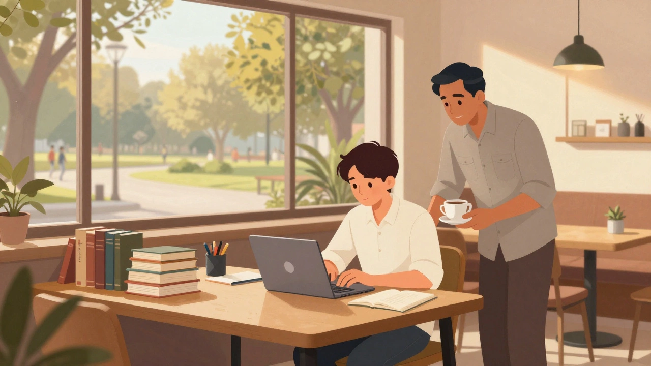 A student learning in a calm Delhi library with a mentor nearby, books and coffee creating a balanced study atmosphere.