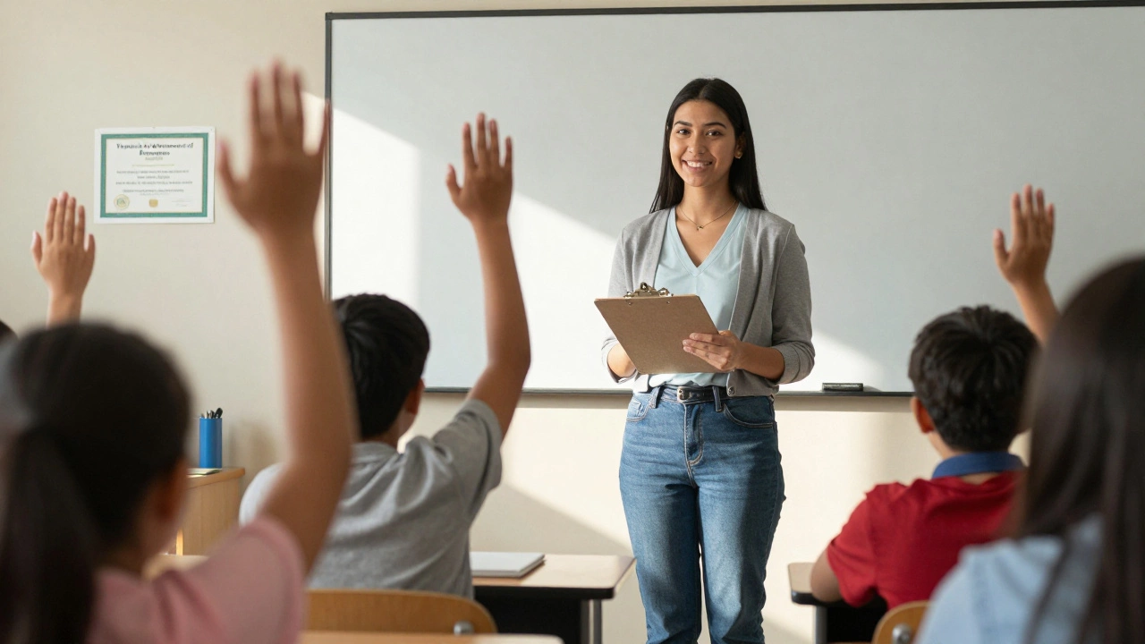 A teacher standing in a Virginia classroom with students, a state certification visible on the wall