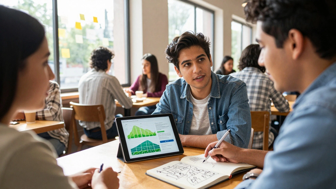 A Wharton student presenting data to international peers in a sunlit café, surrounded by collaborative notes.