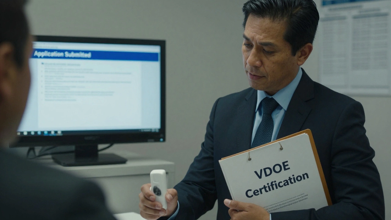An adult candidate getting fingerprinted for Virginia teaching certification with official documents