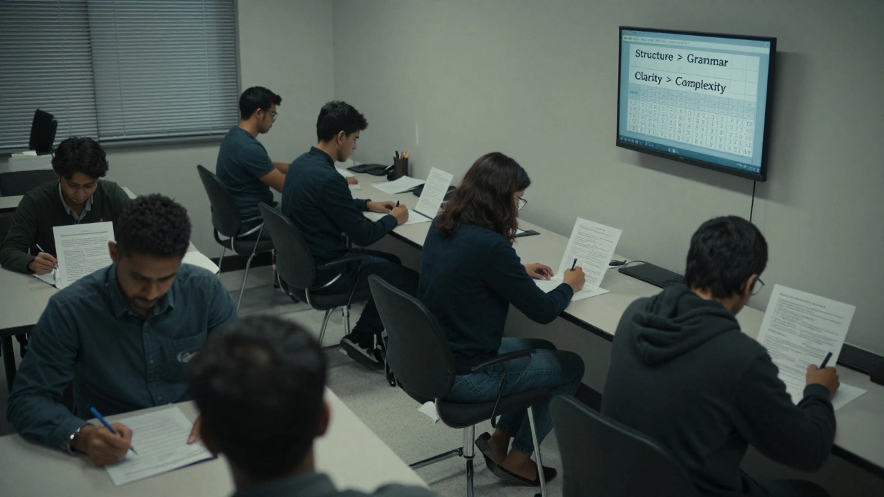 Candidates taking a timed civil service exam in a sterile assessment room.