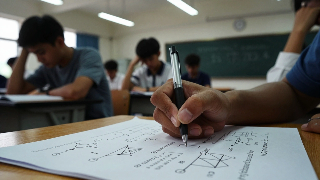 Close-up of a hand solving a complex JEE Advanced physics problem in an exam hall.