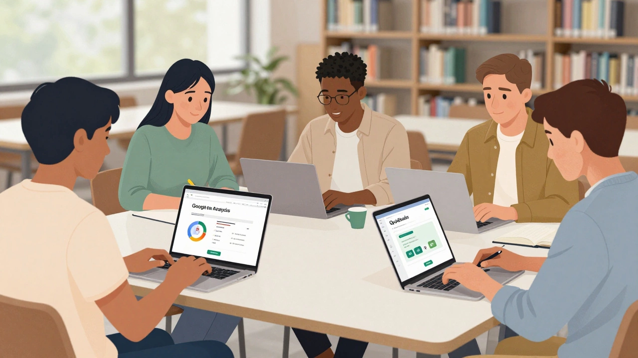 Diverse individuals learning fast-track careers at a library using laptops