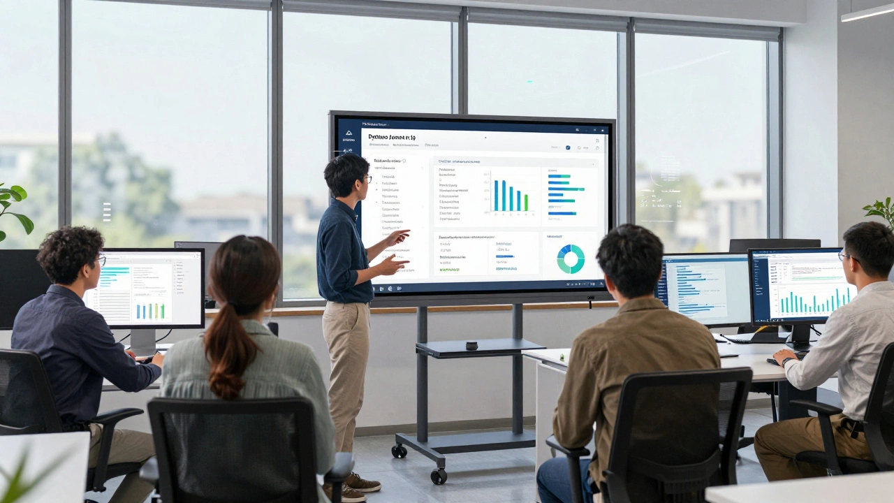 Diverse team collaborating on data visualizations in a modern workspace.