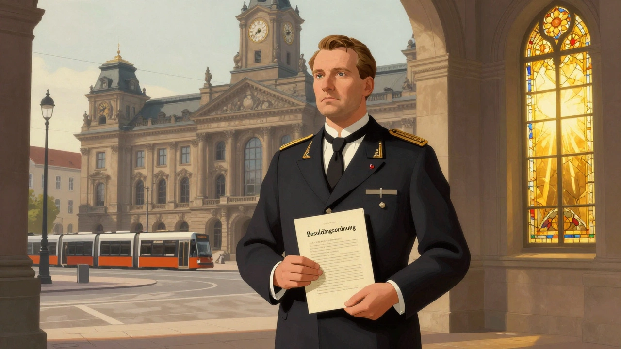 German civil servant standing before a traditional government building with golden light and official documents.