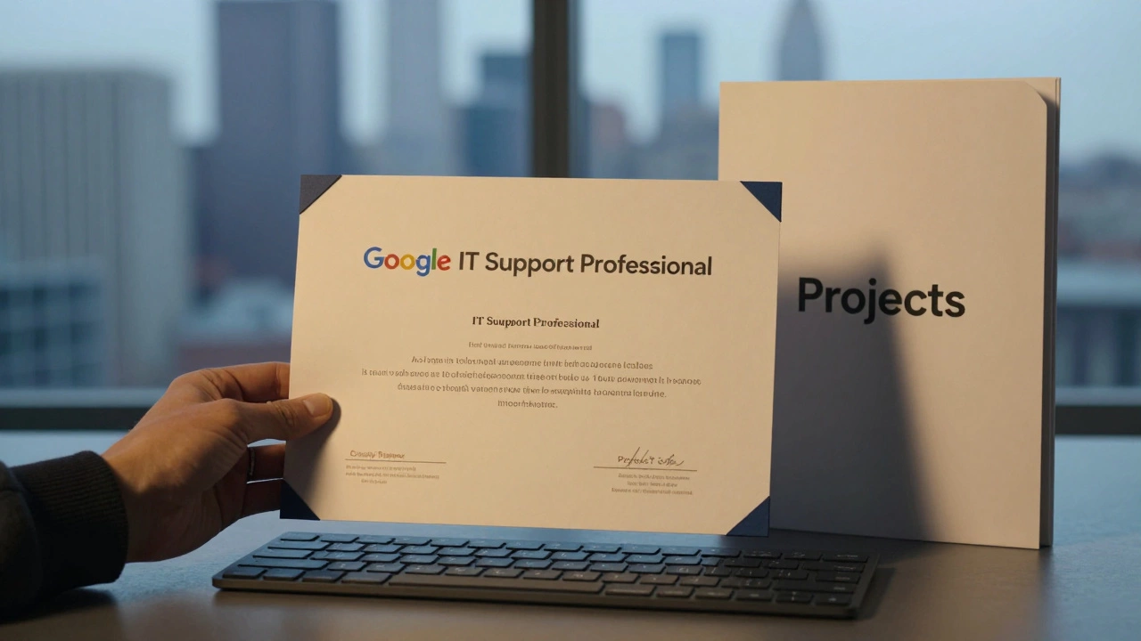 IT certification certificate beside keyboard and portfolio folder