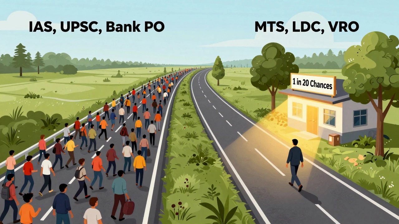 One person walking away from crowded exam paths toward quiet rural government job.