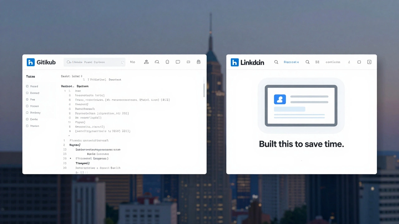 Split view of a GitHub repository and a LinkedIn post showcasing a Python automation tool built by a self-taught developer