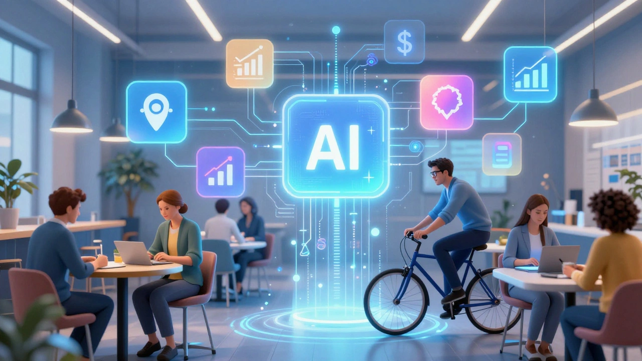 Swedish government team connected by floating tech and diversity icons in a flexible, modern workspace.