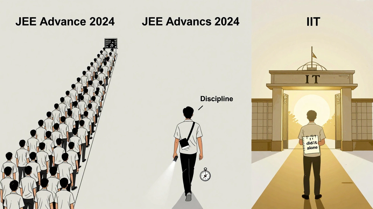 Three symbolic paths to IIT: crowded coaching route, lone self-studier with compass and books, golden gate ahead.