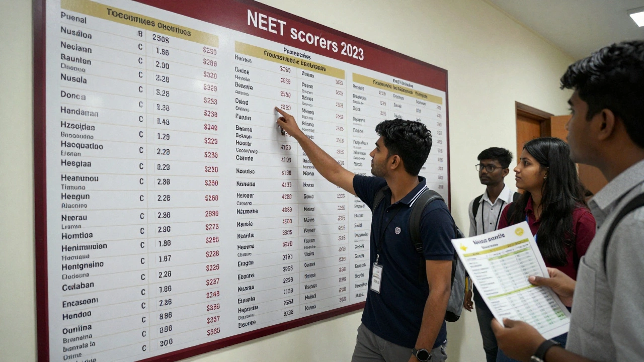Wall of fame showing top NEET scorers in a coaching institute hallway