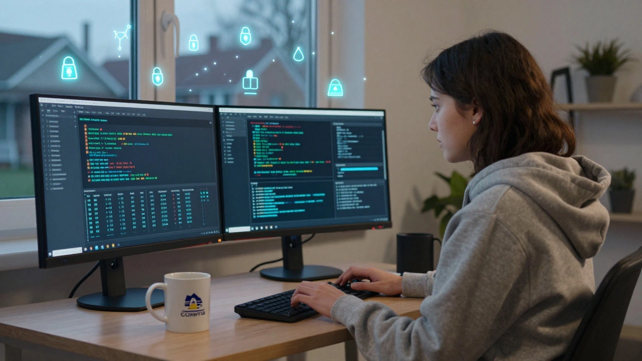 Woman monitoring network security from a quiet rural home office.