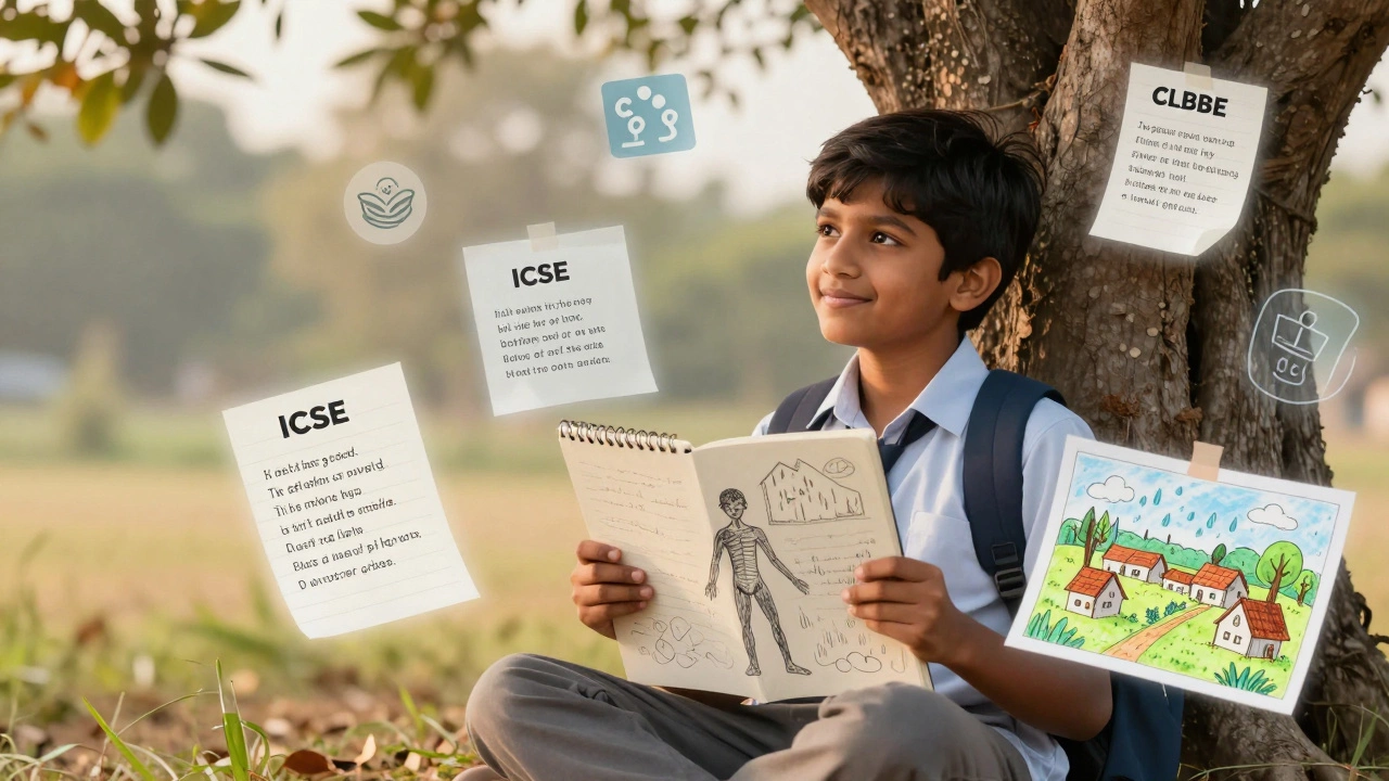A child sketching under a tree, with symbolic icons of three Indian school syllabi floating nearby.