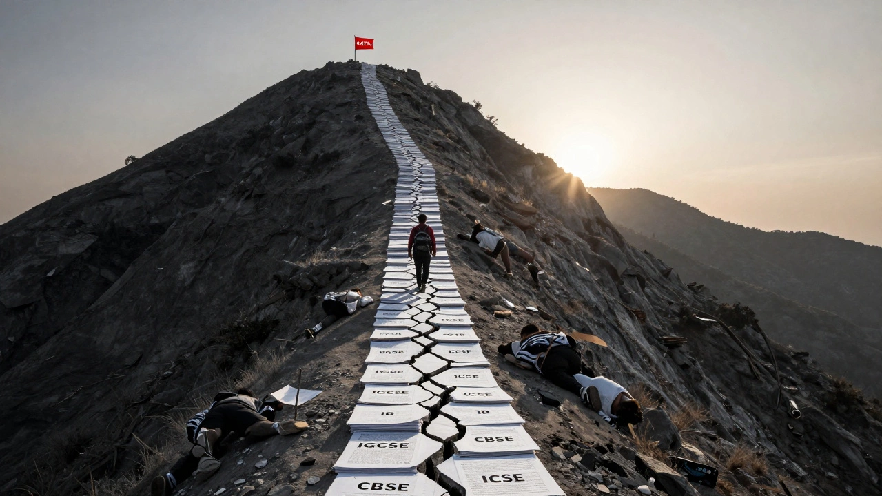 A lone climber on a path of exam papers leading up a mountain, with CBSE path crumbling beneath them.
