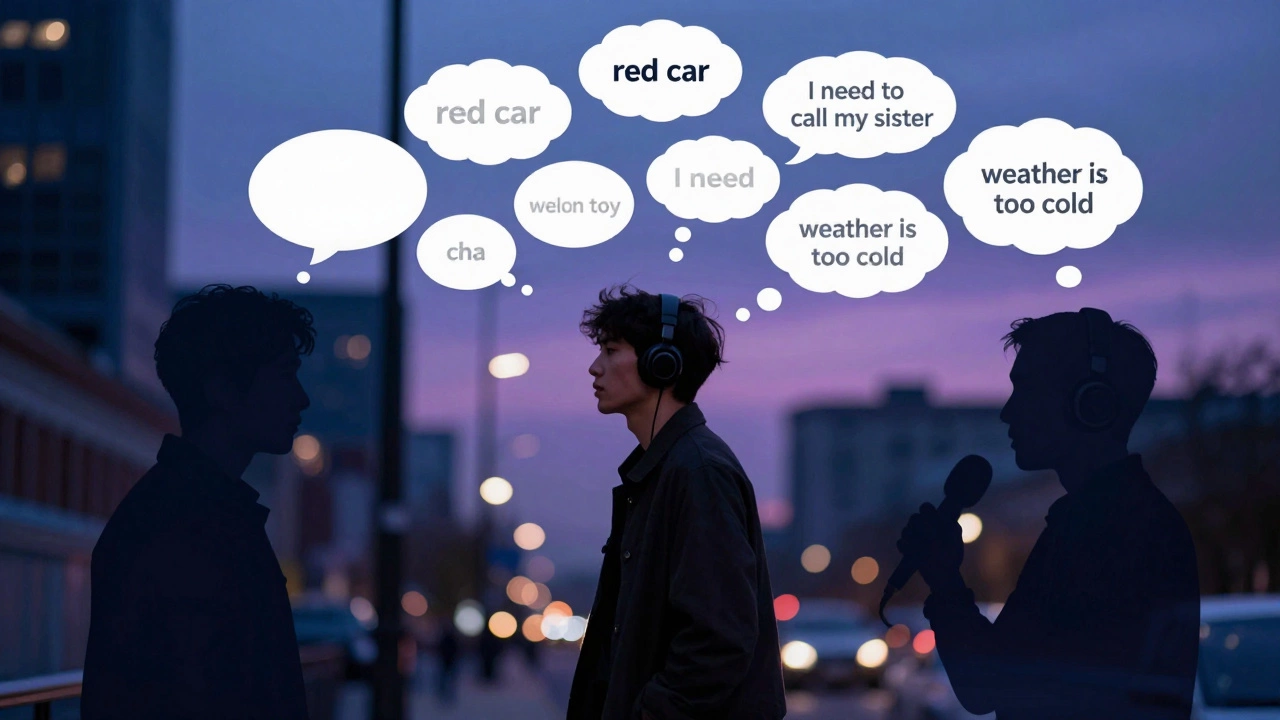 A walker with English thoughts above their head, listening to a podcast in the city at dusk.