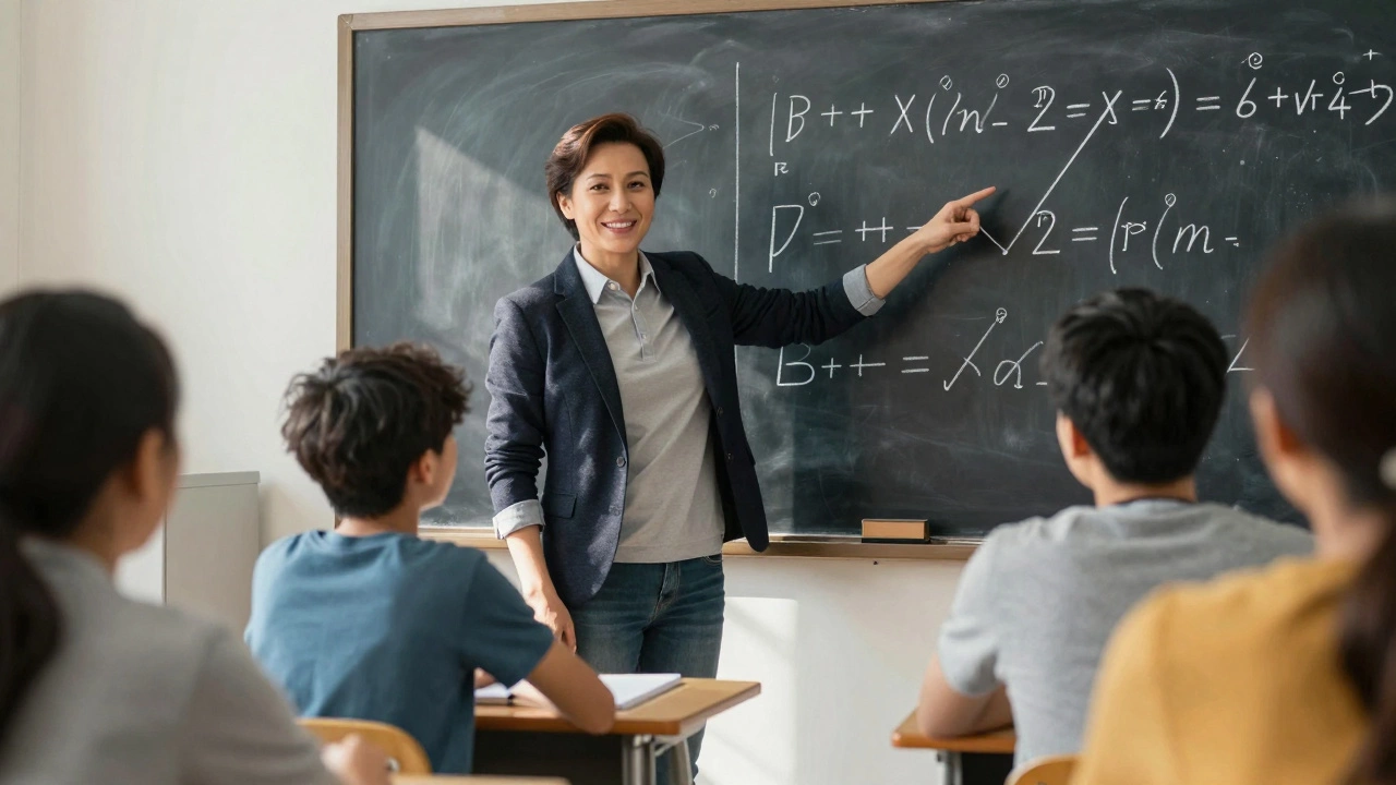 Career changer teaching quadratic equations to engaged students.