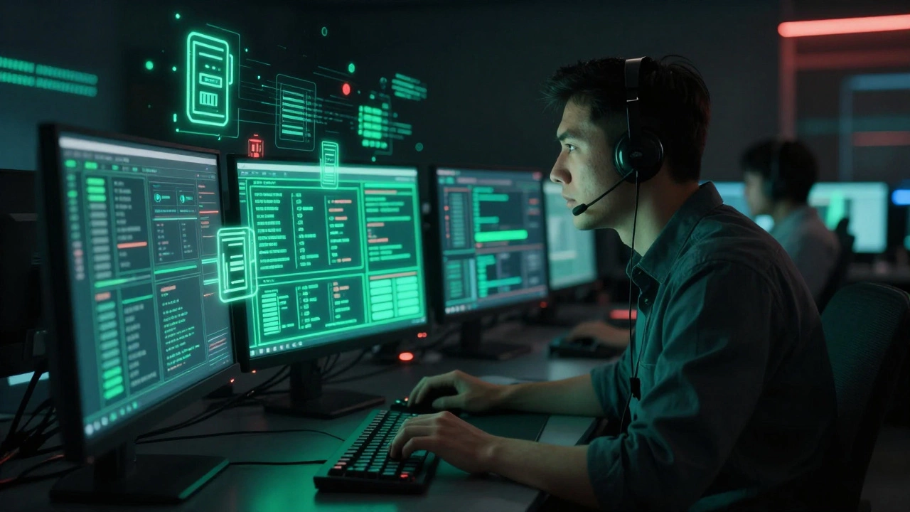 Cybersecurity analyst monitoring network threats in a dark command center with glowing alerts.