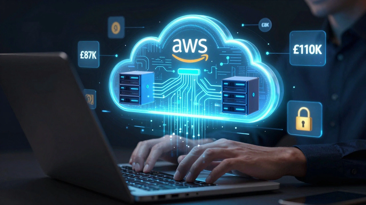 Futuristic AWS cloud architecture with salary figures and security icons, neon blue and teal lighting.
