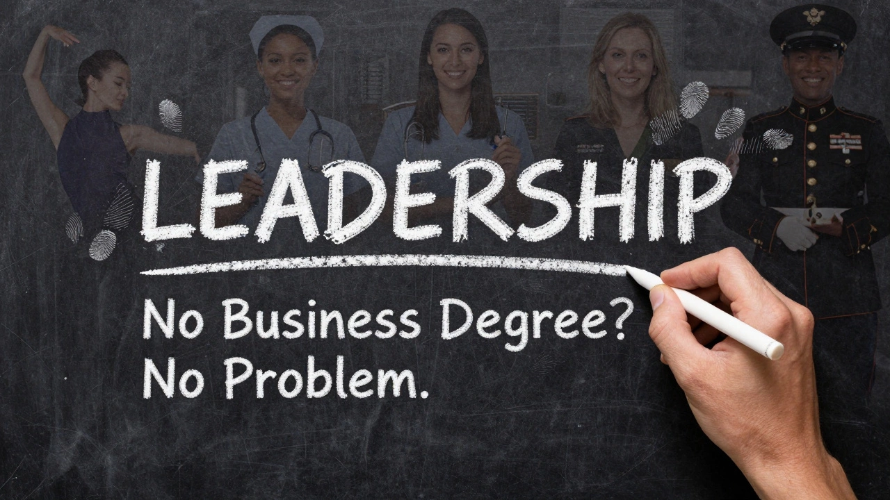 Hand writing 'LEADERSHIP' on a chalkboard with faint images of diverse professionals in background.