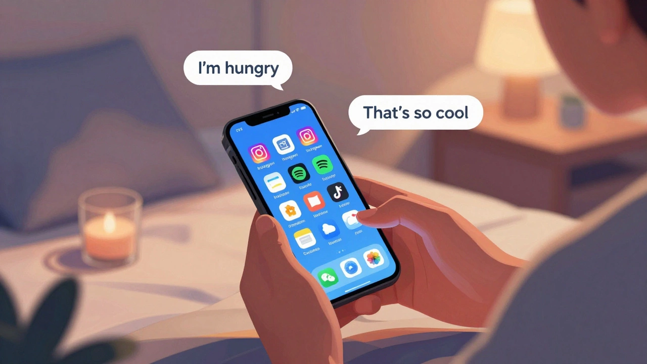 Someone using their smartphone with English apps in bed, surrounded by English phrases.