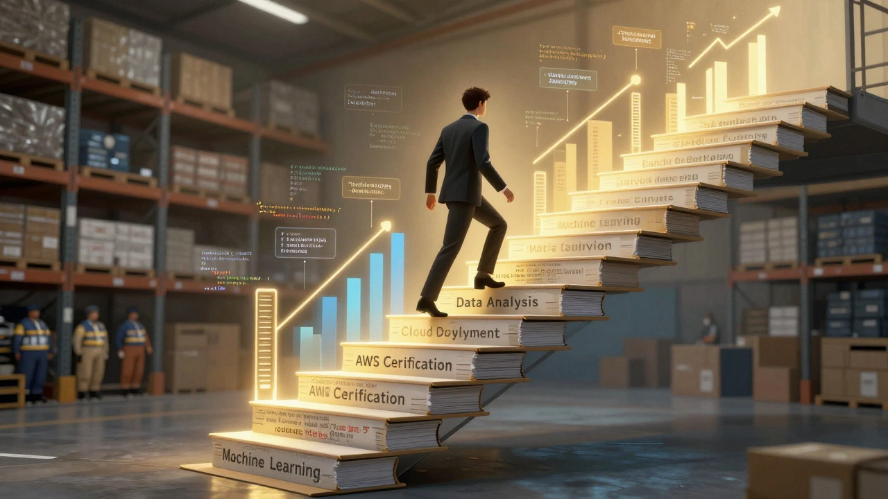 Staircase of certifications leading from warehouse uniform to business suit, symbolizing career growth.