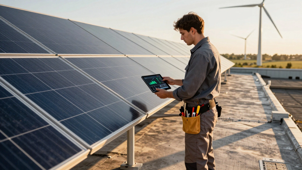 Technician installing solar panels on a rooftop with wind turbines in the background.