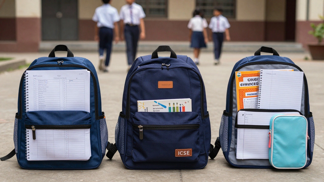 Three backpacks side by side, each filled with materials reflecting CBSE, ICSE, and State Board syllabi.