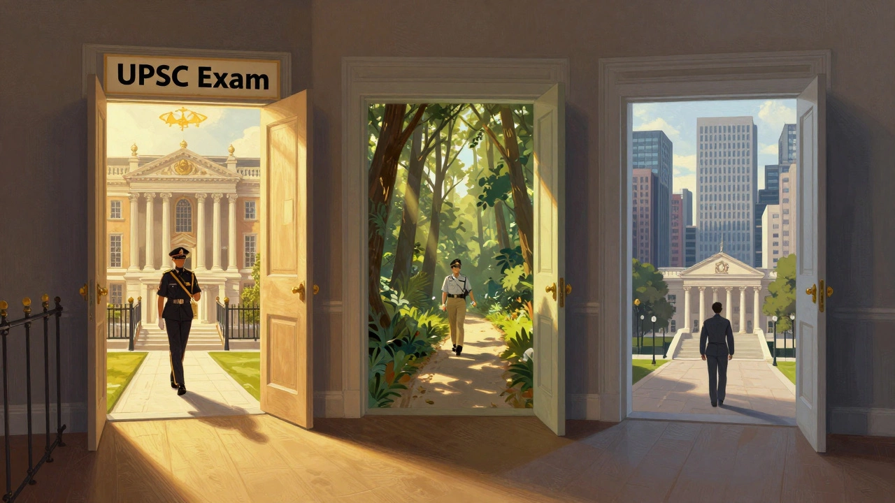 Three career paths from UPSC exam leading to IAS, IFS, and IFoS roles in different settings.