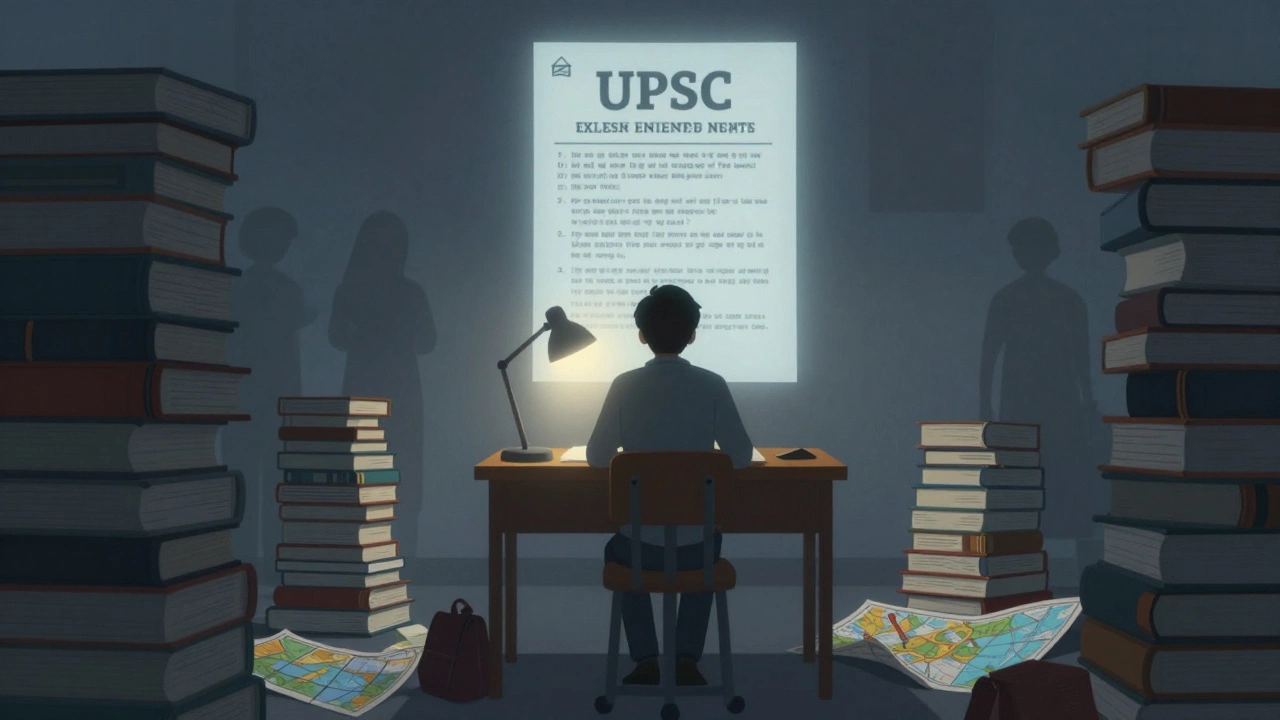 Young aspirant studying intensely at desk with UPSC exam materials and glowing notification.