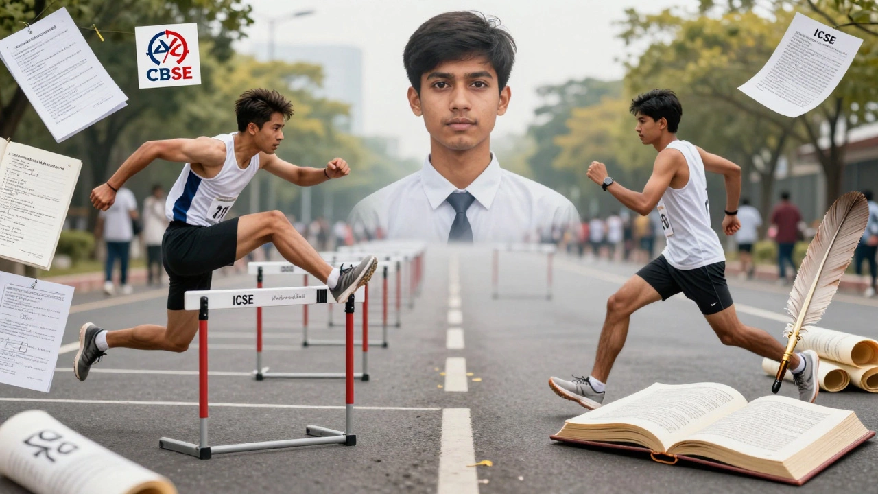 A dual-path metaphor showing a sprinter and marathon runner representing CBSE and ICSE challenges.