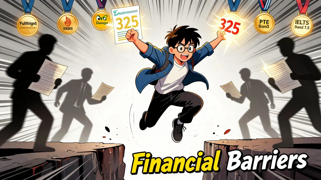 A heroic figure leaps over financial barriers, holding GRE and IELTS scores as weapons against outdated tests.