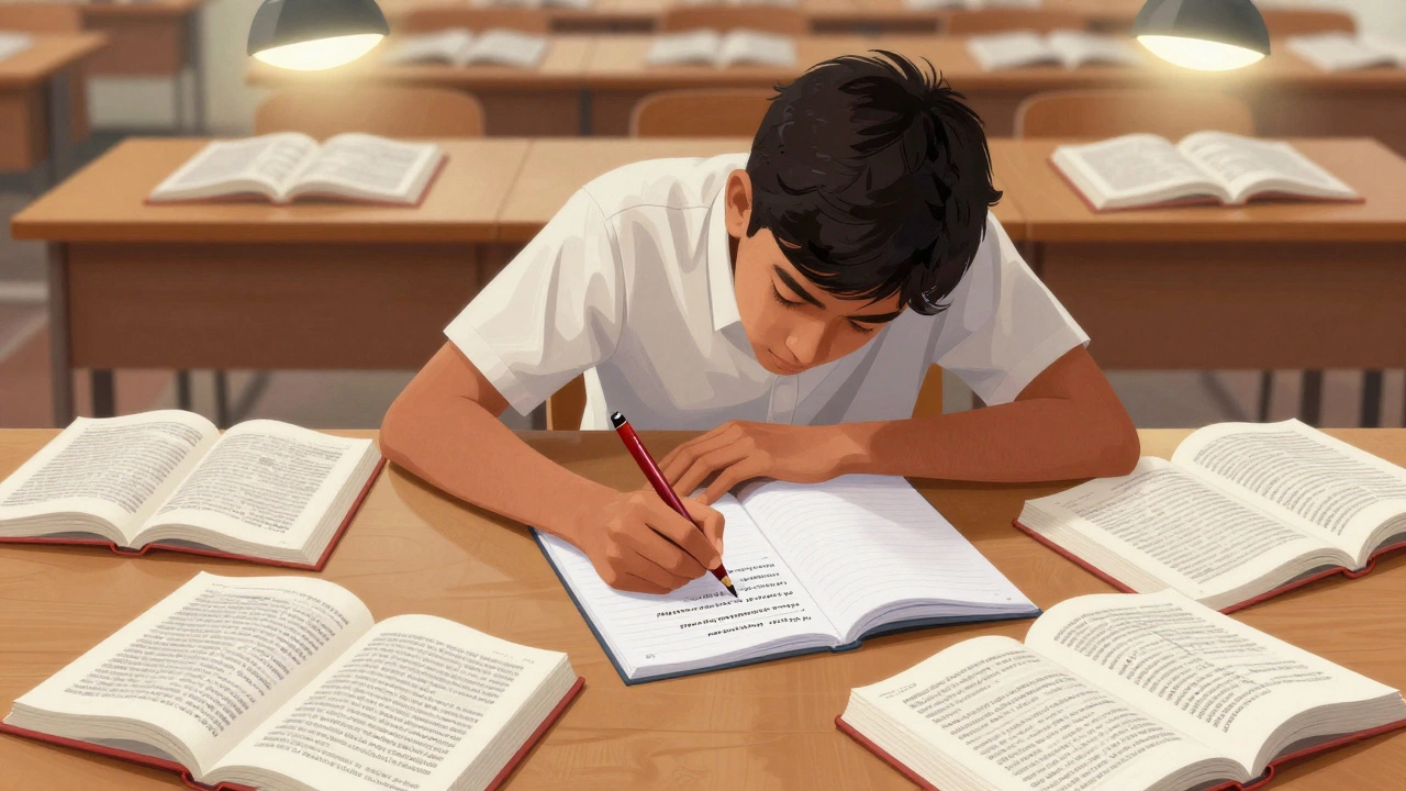 A student writing an in-depth essay for ICSE exams surrounded by multiple subject books.