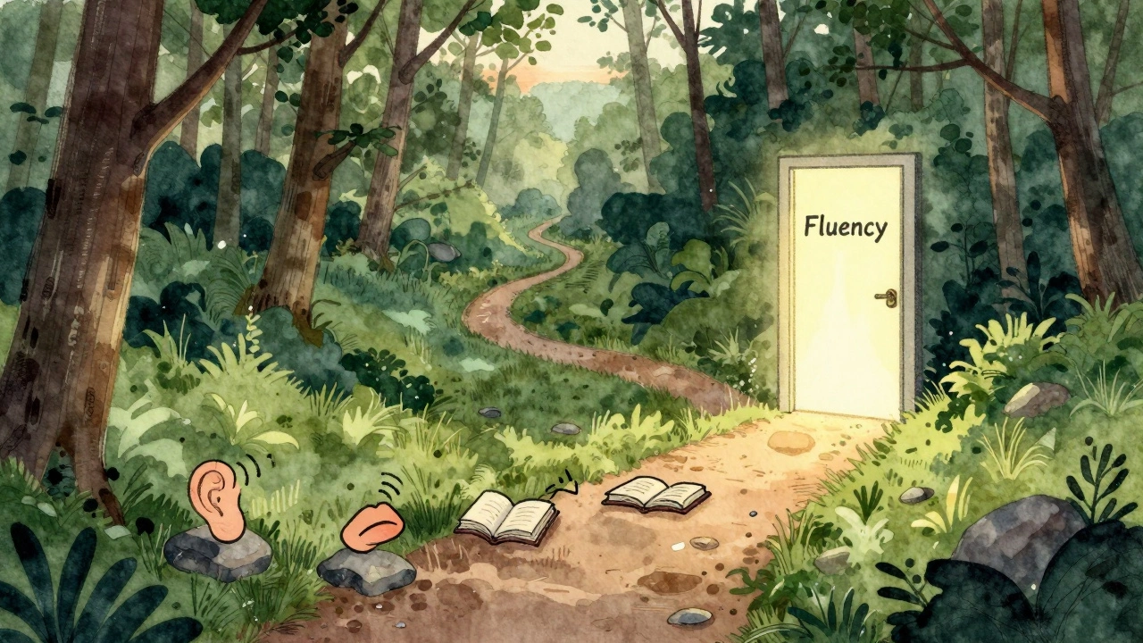A symbolic forest path with icons representing listening, speaking, and reading, leading to a glowing door labeled 'Fluency'.