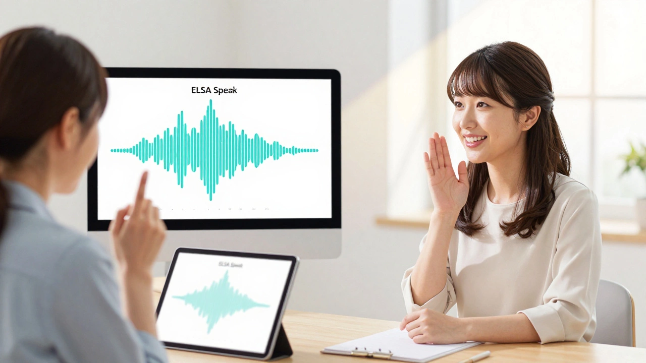 A woman using ELSA Speak to improve pronunciation with visual voice waveform feedback.