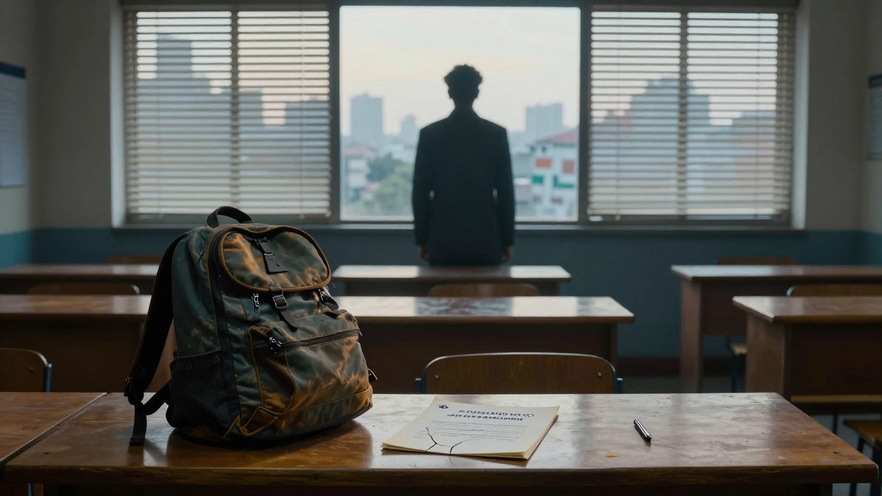 An empty courtroom at dawn with a diploma and backpack, symbolizing the triumph of passing a grueling exam.
