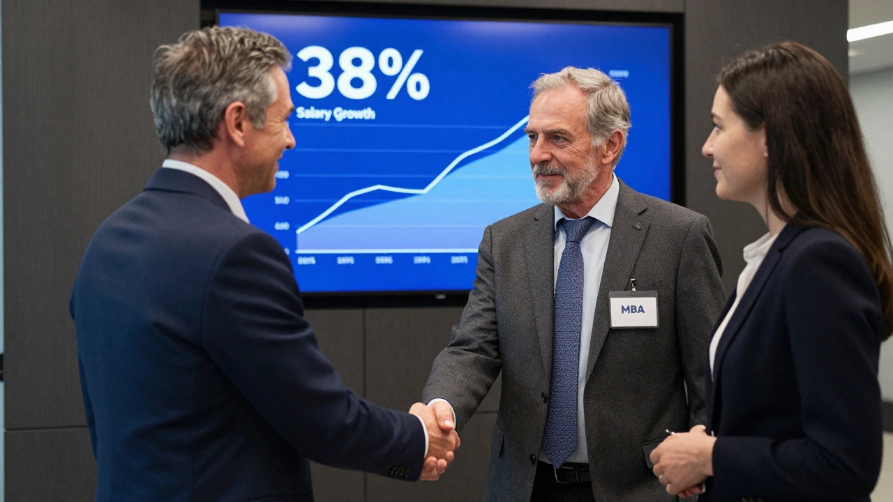 An executive in a business suit shaking hands with a hiring manager, symbolizing career advancement after earning an MBA.