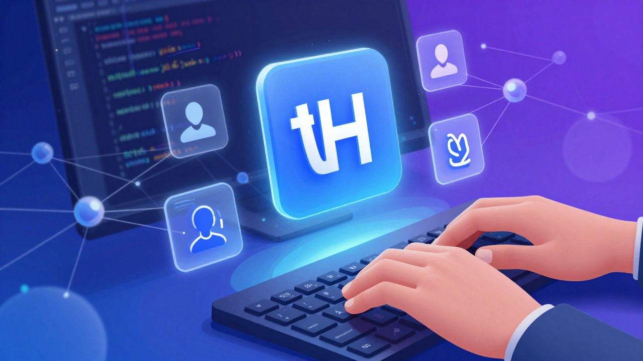 Developer contributing to open-source projects with collaborative icons