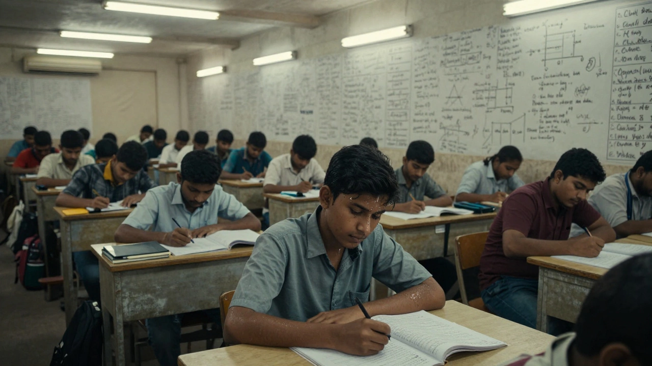 Hundreds of students in a crowded coaching center in Kota, focused on intense exam preparation.