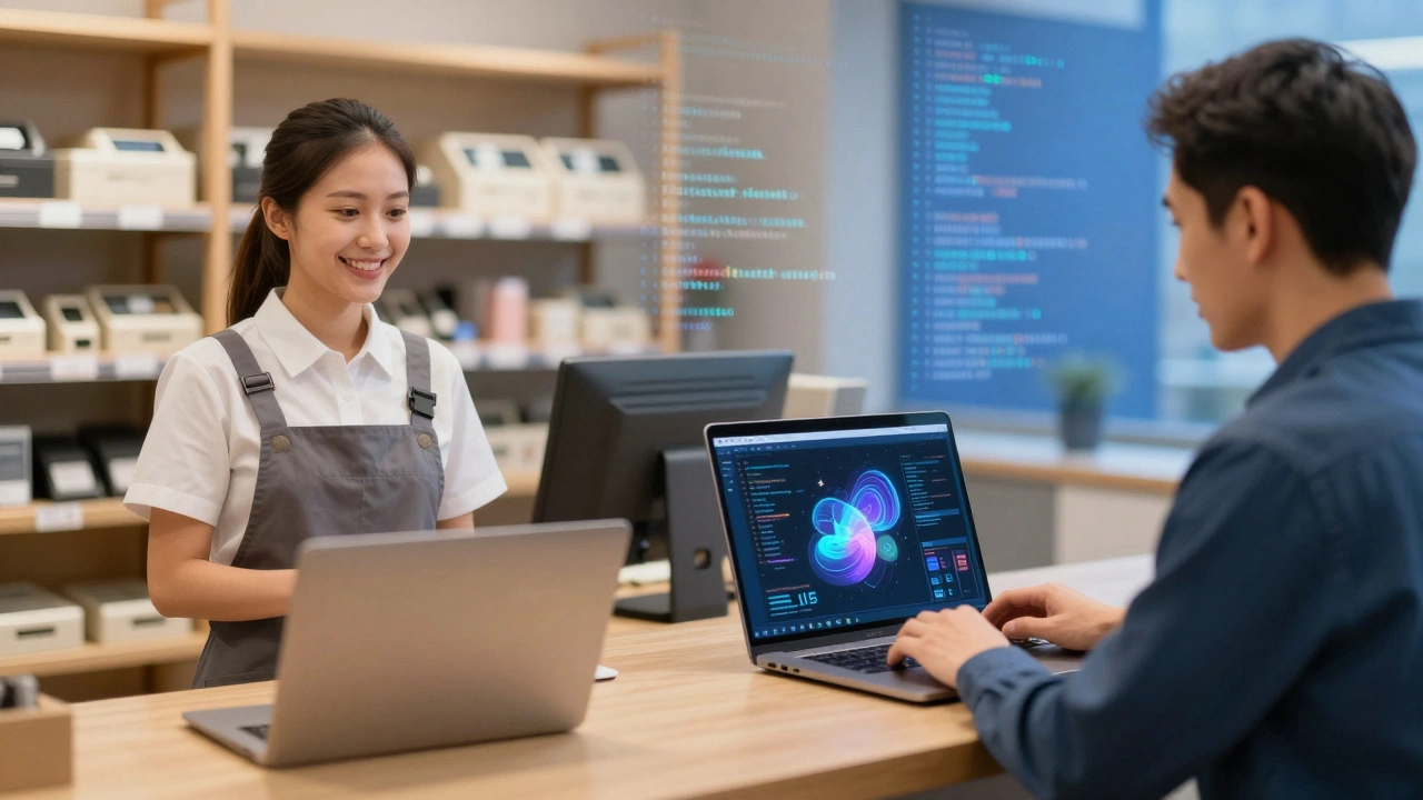 Split image of retail worker transitioning to software engineer