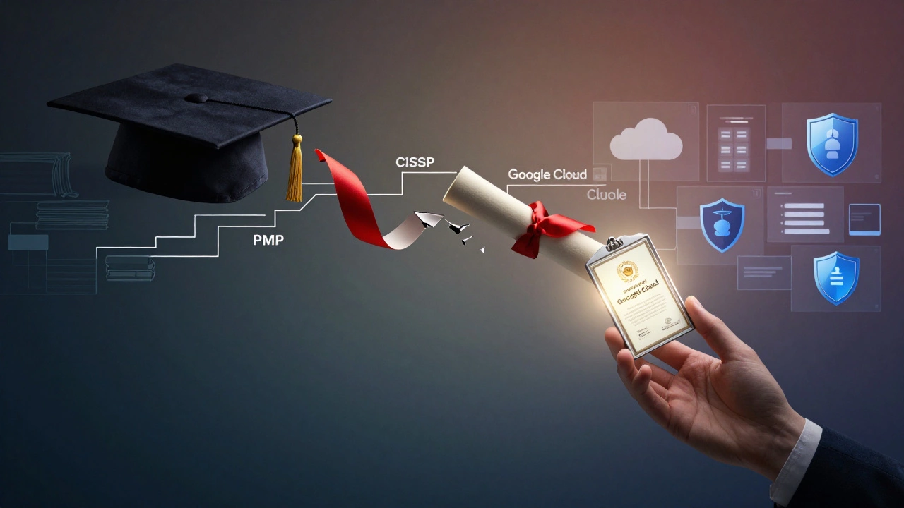 A broken diploma transforming into tech certifications as a hand reaches for a glowing credential.