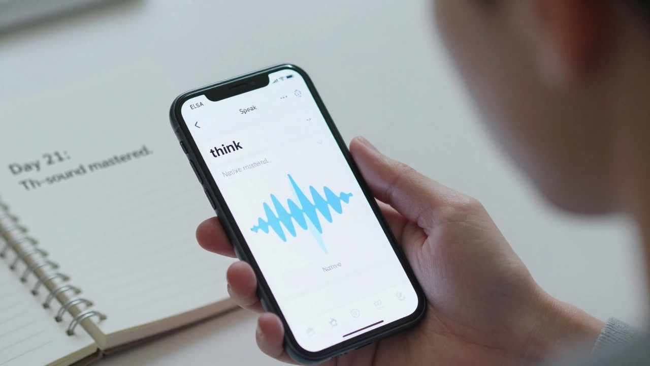 A smartphone screen showing ELSA Speak's pronunciation waveform with a learner speaking.