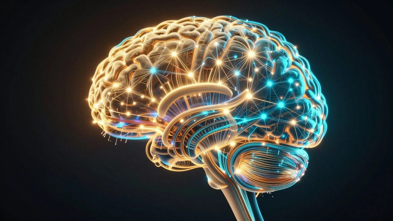 Abstract glowing neural network merging with human brain silhouette.