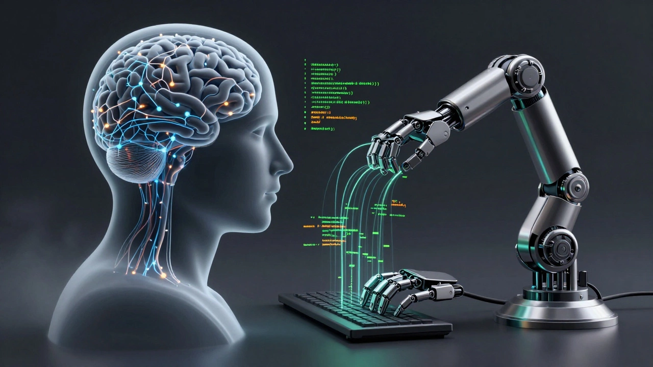 Abstract illustration of human brain versus robotic coding arm