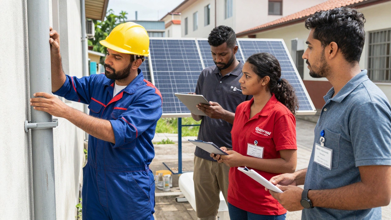 Apprentices in plumbing, solar energy, and dental care professions working together in a courtyard.